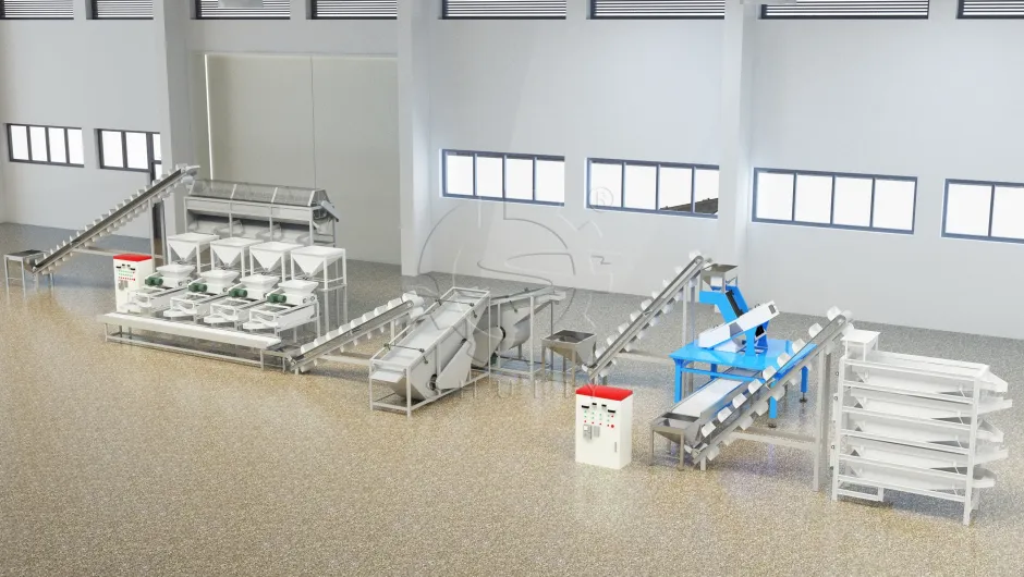 3d illustration of almond shelling production line components